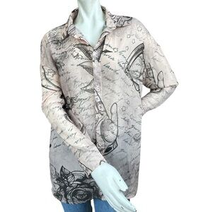Jaded London Sheer Oversized Button Down Moth Rose Moon Tattoo Print Top Size 4